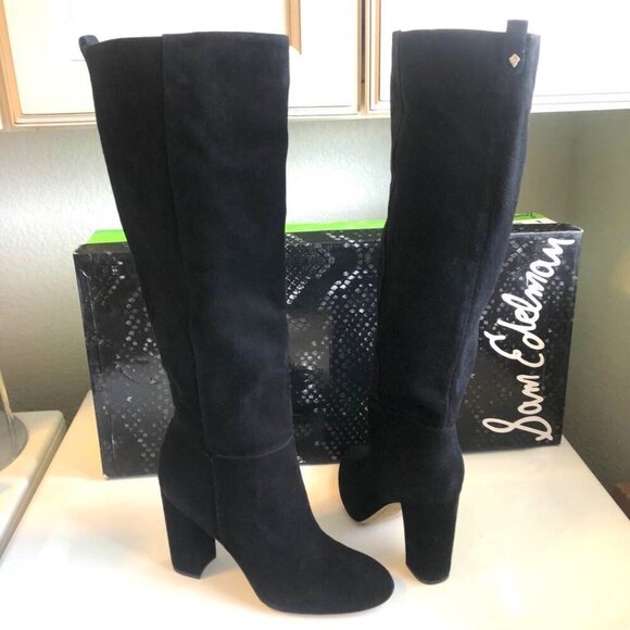 NWT SAM EDELMAN Caprice Black Suede Block Heel Tall Boot SZ 10 MSRP $225 - Picture 3 of 7